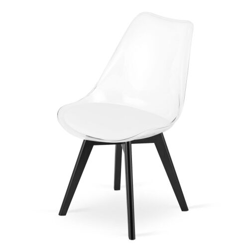 Scaun transparent Mercaton Mark cu picioare din lemn negru, vedere frontală în unghi