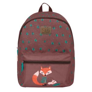 Perletti Cool Kids Rucksack mit Fuchs und Igel, braun mit blauem Blattmuster, Vorderansicht mit Fuchs- und Igeldesign - Perletti