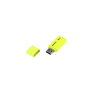 Goodram UME2 64GB USB 2.0 USB-Stick - Gelb, schräge Ansicht - Pendrive
