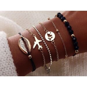 Detail čierno-zlatej súpravy náramkov s príveskami s mapou, mušľou a lietadlom - Dámske doplnky