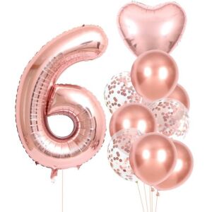 10 db-os rózsaszín hatodik születésnapi lufi készlet - fólia és latex, 81 cm-es méretig