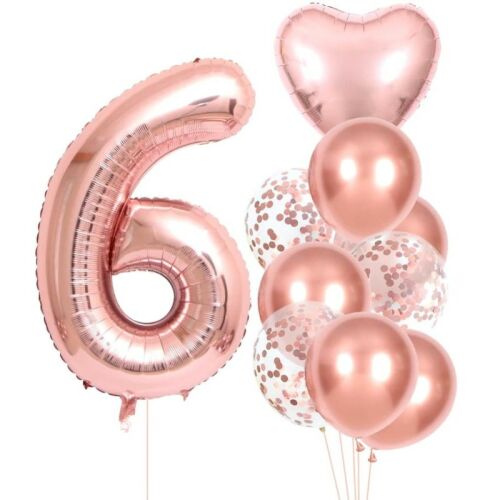 Rózsaszín arany 6. születésnapi lufi szett hatos számmal és szív alakú fólia lufikkal