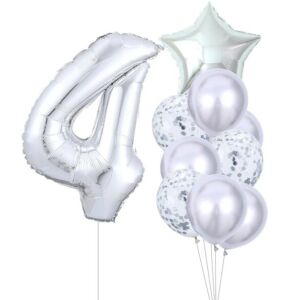 10 db ezüst negyedik születésnapi lufi készlet - fólia és latex, szám magassága 81 cm, csillag mérete 45 cm