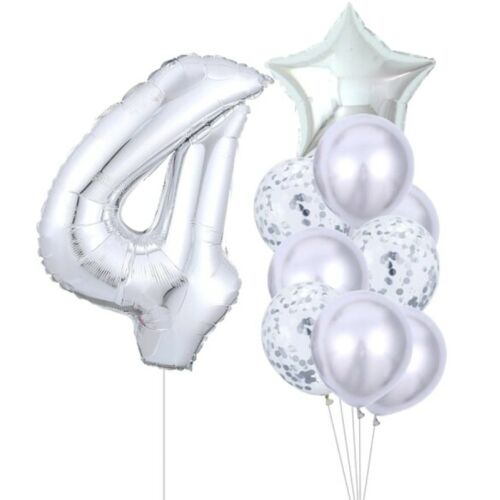 Ezüst 4-es szám lufi szett negyedik születésnapi parti dekorációhoz