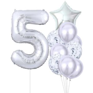 10 db ezüst lufi készlet ötödik születésnapra - latex és fólia, 81 cm, 45 cm és max. 25 cm