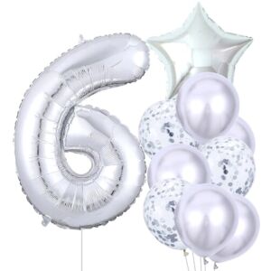 10 darabos ezüst hat számból álló születésnapi léggömb készlet konfettivel, különböző formájú és méretű, latexszel és fóliával