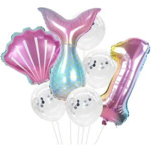 7 db sellő és fehér konfetti lufi készlet, fólia és latex, különböző méretű (81cm, 80cm, 50cm)