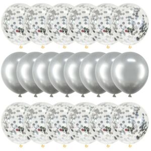Nagy készlet 20 ezüst konfetti léggömbből, átlátszó és teljesen ezüst borítású, latex, 30 cm