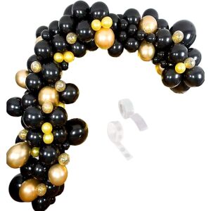 Készlet 80 db lufi koszorú készítéséhez, fekete és arany, konfettivel, latexszel
