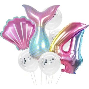 7 db-os sellő konfetti lufi készlet 4-es, szivárvány színek, fólia és latex, magasság 81 cm