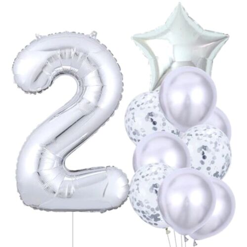 Ezüst 2-es szám lufi szett második születésnapi ünnepségre