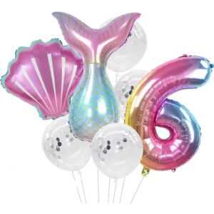 7 db sellő konfetti lufi készlet, 6-os szám, latex és fólia, különböző méretű (25-81 cm)