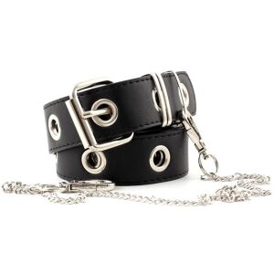 Punk stílusú öv, ezüst, fekete fém csattal, ökológiai bőr, 109 cm