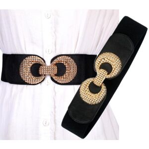 Elegáns női széles fűző elasztikus derékkal, fekete, öko bőr, 65-89 cm