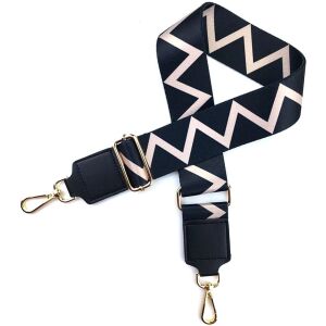 Nastaviteľný popruh na kabelku, čierny s bielym cikcakom, polyesterová páska, zlaté kovanie 121074040 - Umenie&Hobby