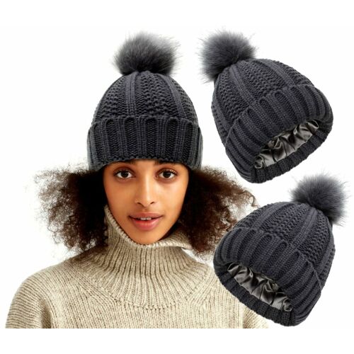 Hőszigetelt női téli sapka pomponnal, grafittal, akril kötéssel, univerzális méretben 121076004