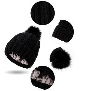 Meleg női téli sapka pom pommal, fekete, 100% akrilszál, egy méret mindenkinek