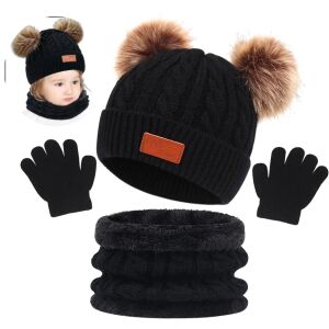 Gyerek szigetelt 3 részes készlet - sapka, kapucni és kesztyű, fekete, 100% akrilszál