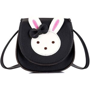 Lányos kézitáska nyuszi és masni motívummal, fekete, puha ökobőr, 13x12 cm