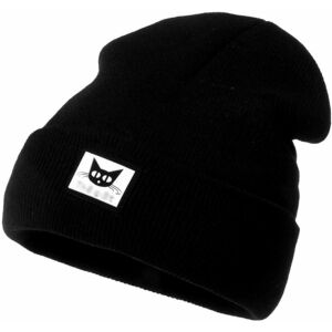 Női sapka macska motívummal, fekete, akril kötött, univerzális méret