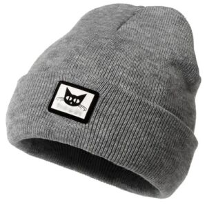 Női meleg sapka csíkokkal és macskával, szürke, akril kötött, egy méretben