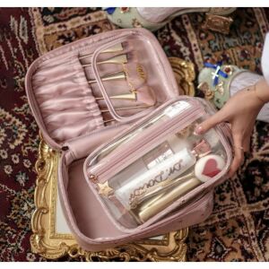 Összecsukható kozmetikai táska 2 az 1-ben csillag motívumokkal, rózsaszín, velúr anyag, 24,5x16,5x10 cm