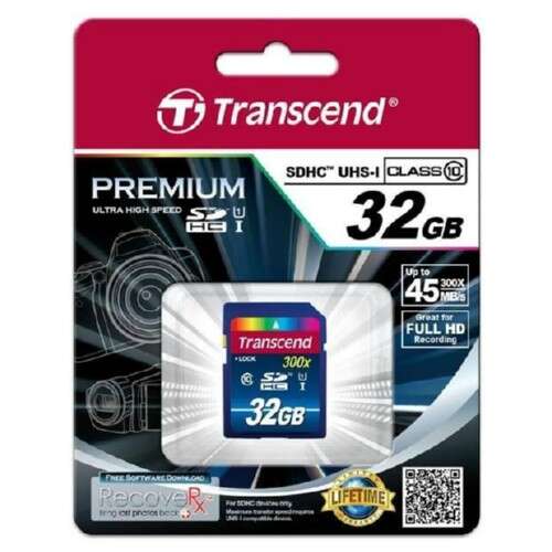 Transcend 32GB SDHC Class 10 UHS-I memóriakártya, akár 45MB/s olvasási sebességgel, 300x sebességosztály, kiváló Full HD felvételhez