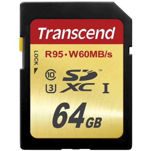 Transcend 64GB Class 10 UHS-I U3 SDXC memóriakártya, R95 olvasási sebesség, W60 írási sebesség
