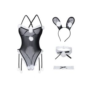 Czarno-biały zestaw bielizny kawaii króliczka z body, opaską na uszy królika, obrożą i podwiązką - Bielizna erotyczna