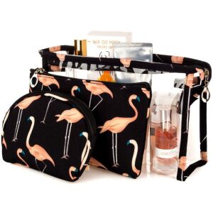 Három flamingó motívumú kozmetikai tok készlet, átlátszó és szövet, méretei 15x25x8 cm, 12,5x18,5x2 cm és 11,5x14x3,5 cm