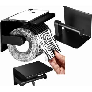 Falra szerelhető WC-papír tartó polccal, fekete, rozsdamentes, 14x9x7,5 cm