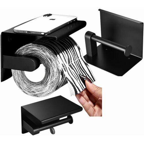 Falra szerelhető WC-papír tartó polccal, fekete, rozsdamentes, 14x9x7,5 cm