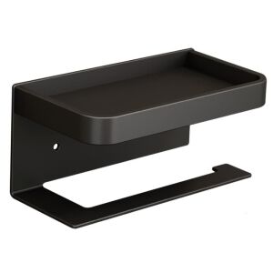 Falra szerelhető WC-papír tartó polccal, rozsdamentes acél, matt fekete, 17,6x9,5x2 cm