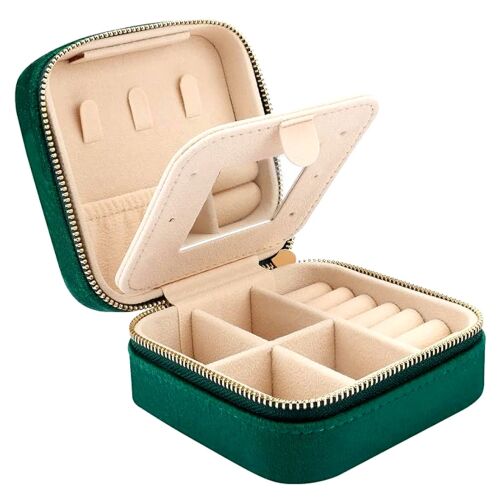 Ékszerrendező kis tükörrel, velúr, zöld, 10x10x5 cm