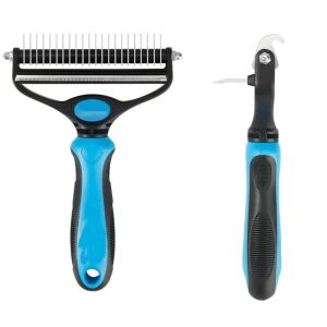 Kétoldalas kutyafésű, csúszásmentes gumi fogantyú, 18x12,5x4,5 cm