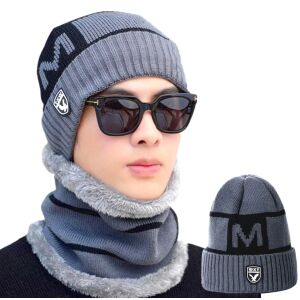 Meleg téli férfi szett – szürke sapka és kéményalagút, egy méretben, 100% akrilszál
