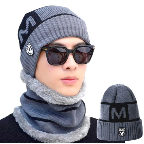 Férfi szürke téli sapka és sál szett sapka részlettel