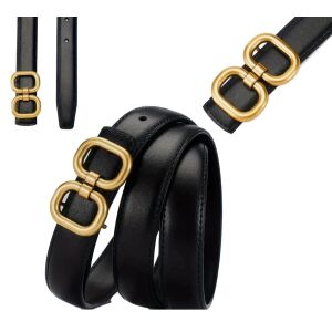 Női valódi bőr öv, fekete, szélessége 2,3 cm, hossza 110 cm, arany csattal