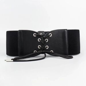 Női elasztikus fűzőöv, fekete, szintetikus anyag, ekobőr betétekkel, 70x9,8 cm