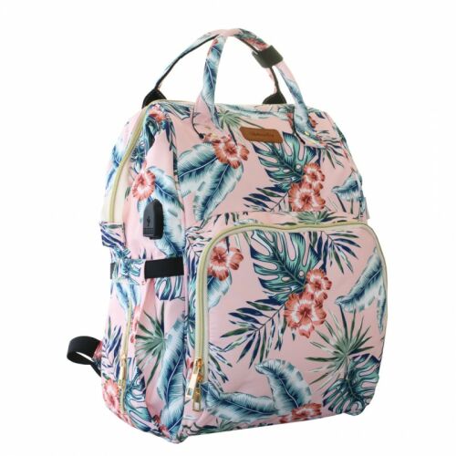 Funkcionális rózsaszín pelenkázó hátizsák virágmintával