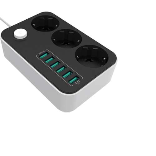 ColorWay Power Socket with 6 USB ports and 3 euro sockets, black