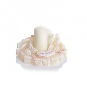 Karácsonyi gyertyatartó fehér gyertyával és egy szív alakú mintával, amelyen rózsaszínnel "Merry Christmas" felirat olvasható - Bartek Candles