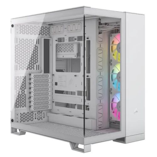 Schräge Ansicht des Corsair iCUE LINK 6500X RGB Weißen PC-Gehäuses mit RGB-Lüftern