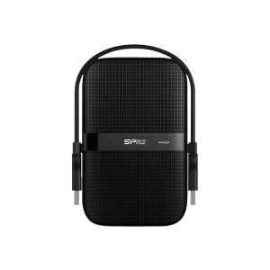 Zewnętrzny dysk twardy Silicon Power Armor A60 2TB, czarny, widok z przodu, z zintegrowanym kablem - Silicon Power