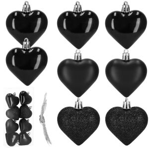Springos fekete szív alakú karácsonyfadíszek csomagolással - Karácsonyfadísz
