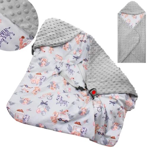 Springos baby blanket for car seat with animal print, grey and blue