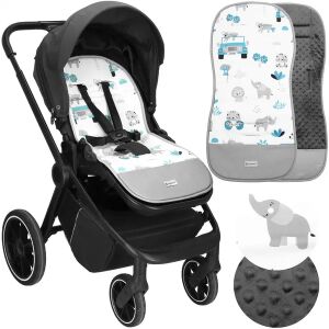 Springos stroller insert in use, safari animal print, grey and blue - Springos