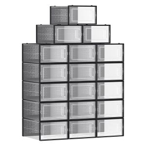 Cutii de depozitare pantofi din plastic negru, stivuibile, față transparentă, pachet de 18 - Depozitare pantofi