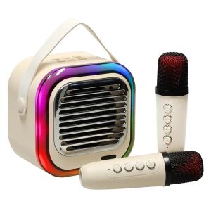 Boxă karaoke USB Bluetooth crem cu două microfoane - Boxe Portabile