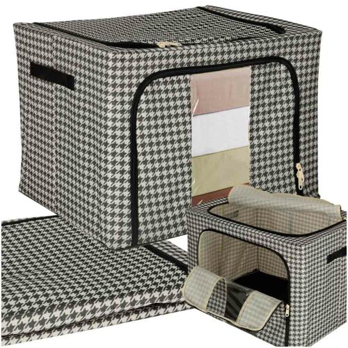 Collage of black and white patterned storage boxes, folded and open